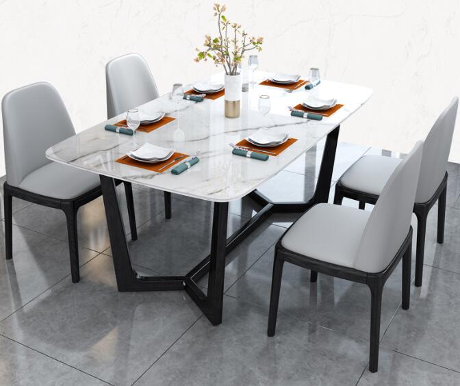 意式極簡巖板餐桌椅組合后現代巖板飯桌小戶型餐廳 實木餐桌餐1.4米一桌六椅（雪花白）